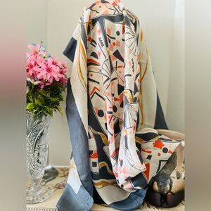 Vintage Grey Pink White Silk Abstract Hand Held Fans Ribbons & Geo Design Scarf